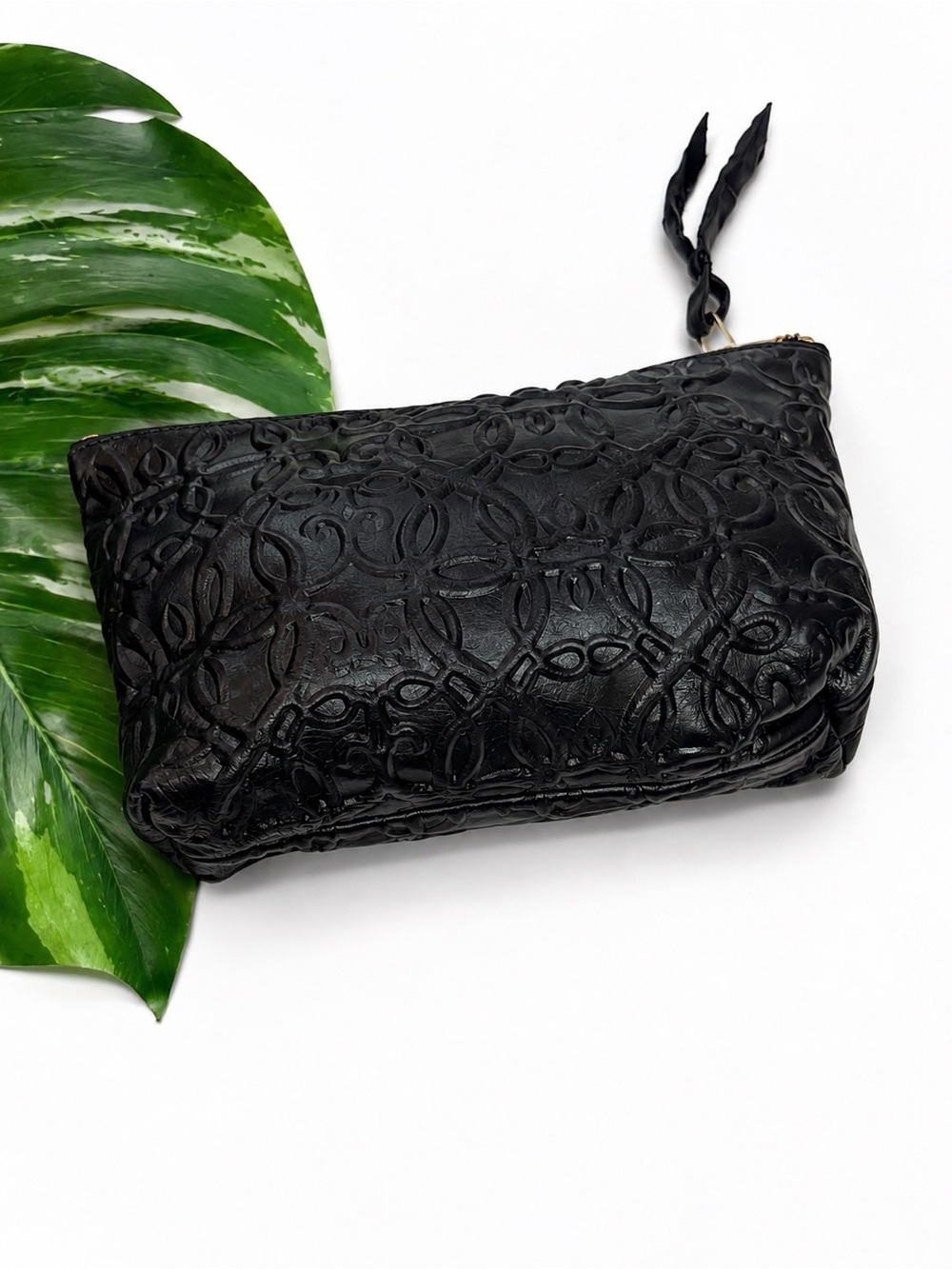 Alex and Ani Black Embossed  
Leather Handle Strap Pouch Clutch Made in USA